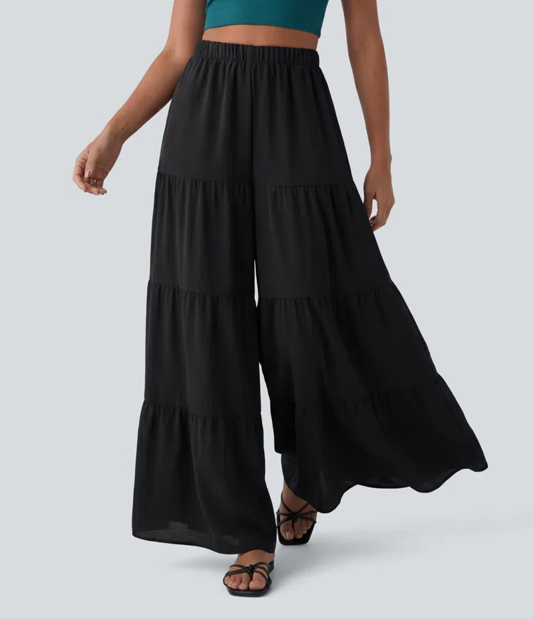 High Waisted Wide Leg Flowy Linen-Feel Pants with Pockets