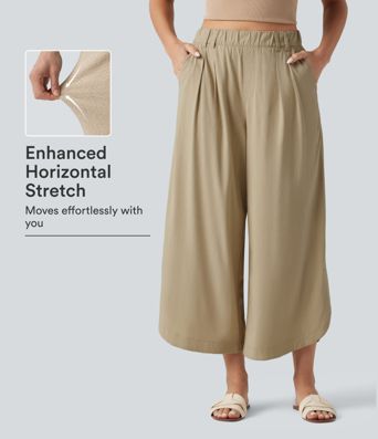 High Waisted Wide Leg Curved Hem Cropped Casual Stretch Linen Pants with Pockets