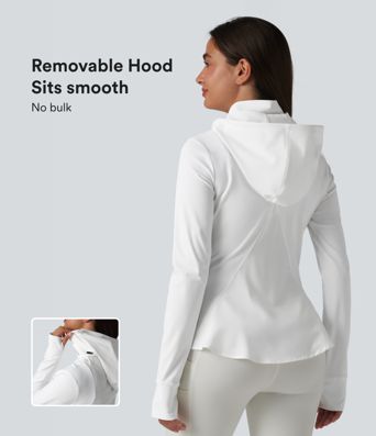 Removable Hood Thumb Holes Ruffle Hem Slim Hiking Jacket