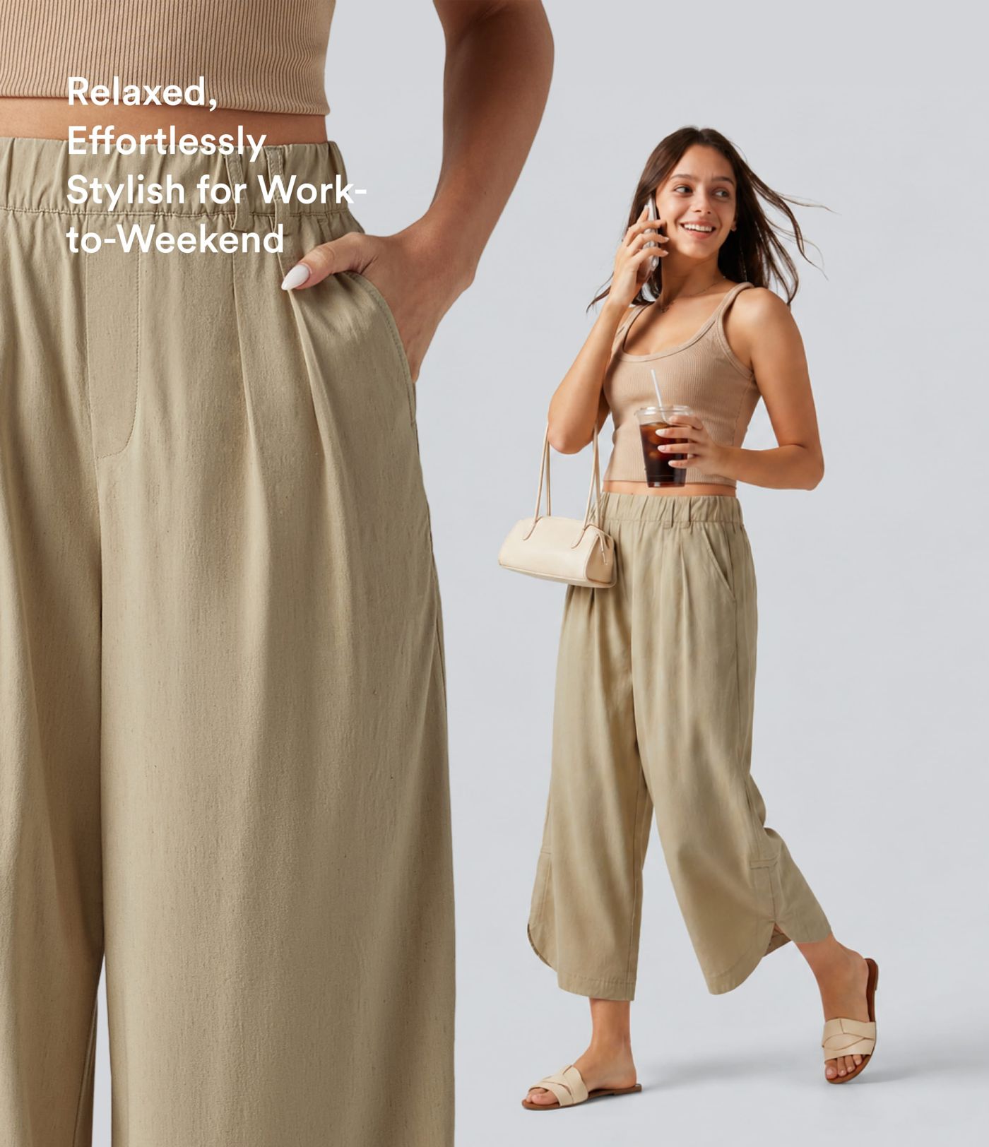 High Waisted Wide Leg Curved Hem Cropped Casual Stretch Linen Pants with Pockets