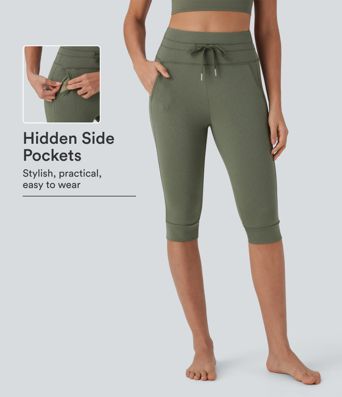 Hochsitzende Kordelzug-Caprihose mit Taschen, schnelltrocknend, für Yoga und Joggen