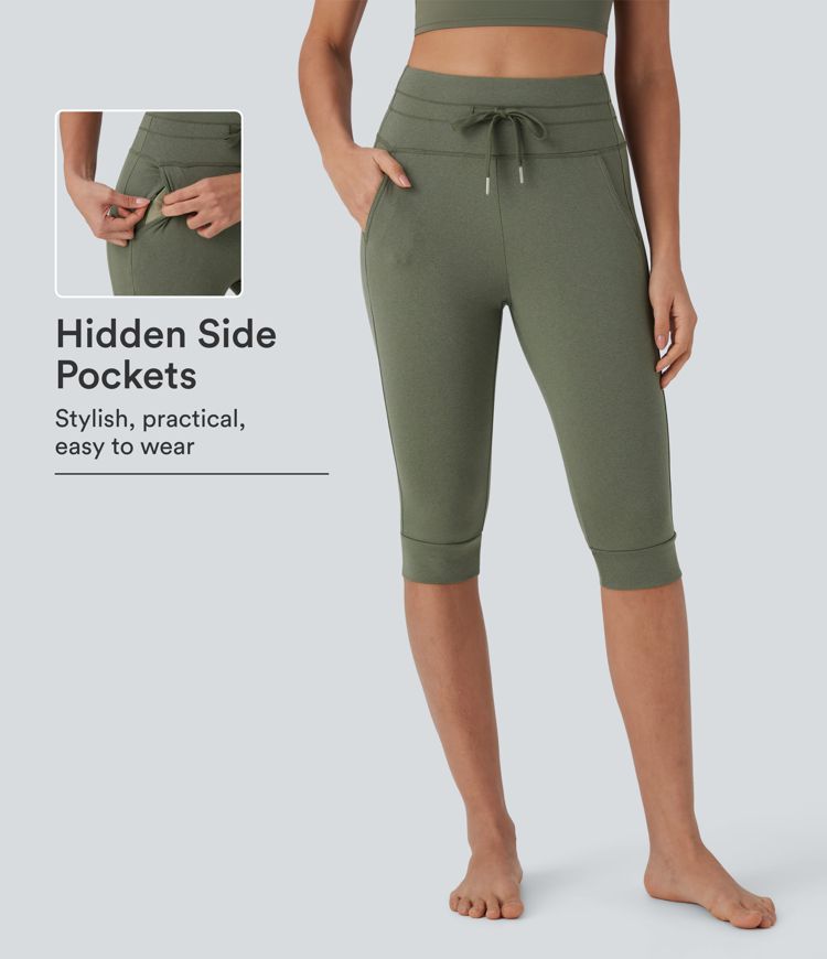 Hochsitzende Kordelzug-Caprihose mit Taschen, schnelltrocknend, für Yoga und Joggen