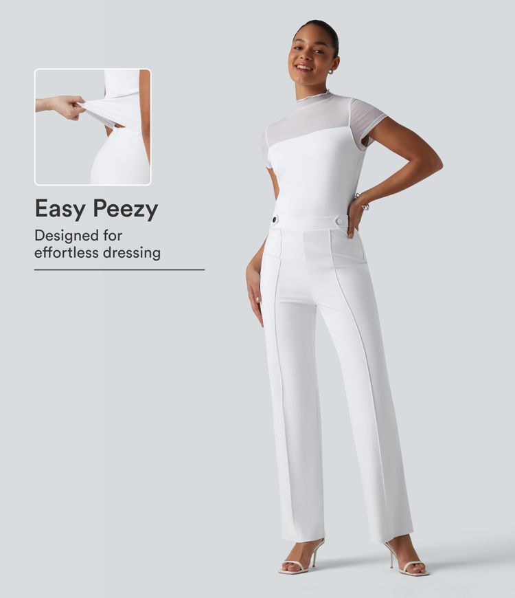 DayStretch Round Neck Short Sleeve Contrast Mesh Jumpsuit-Easy Peezy Edition DayStretch Round Neck Short Sleeve Contrast Mesh Jumpsuit-Easy Peezy Edition