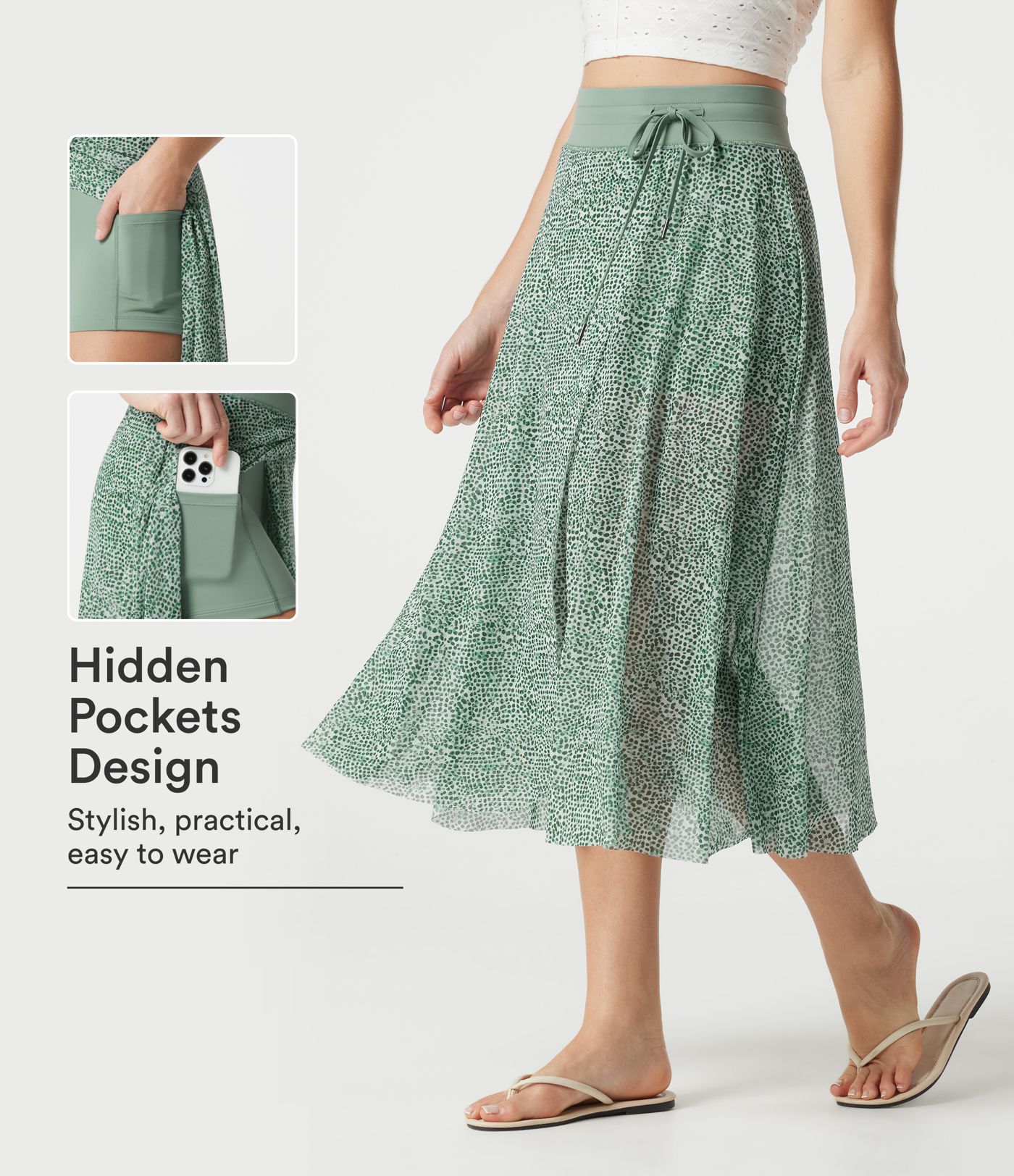 Jupe midi évasée fluide 2-en-1 taille haute imprimé léopard, cordon de serrage et empiècements en maille contrastée, avec poches