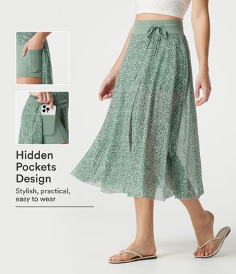 Jupe midi évasée fluide 2-en-1 taille haute imprimé léopard, cordon de serrage et empiècements en maille contrastée, avec poches