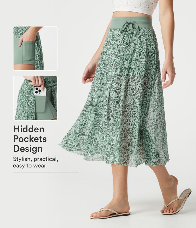 Jupe midi évasée fluide 2-en-1 taille haute imprimé léopard, cordon de serrage et empiècements en maille contrastée, avec poches