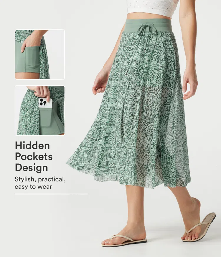 High Waisted Drawstring Leopard Print Contrast Mesh 2-in-1 Flowy Midi Flare Resort Skirt with Pockets