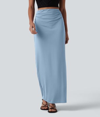 High Waisted Ruched Stretchy Satin-Like Cool Touch Maxi Casual Pencil Skirt