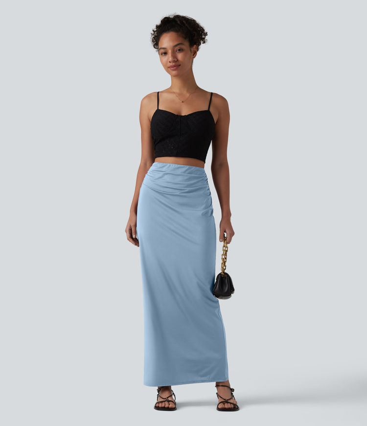 High Waisted Ruched Stretchy Satin-Like Cool Touch Maxi Casual Pencil Skirt