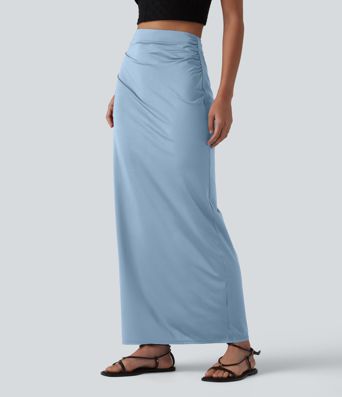High Waisted Ruched Stretchy Satin-Like Cool Touch Maxi Casual Pencil Skirt