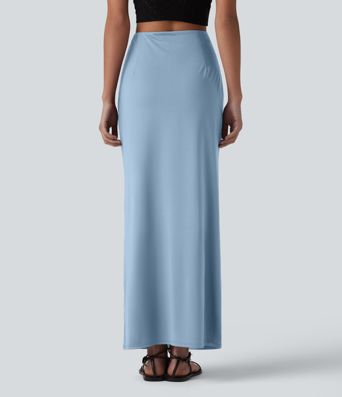 High Waisted Ruched Stretchy Satin-Like Cool Touch Maxi Casual Pencil Skirt