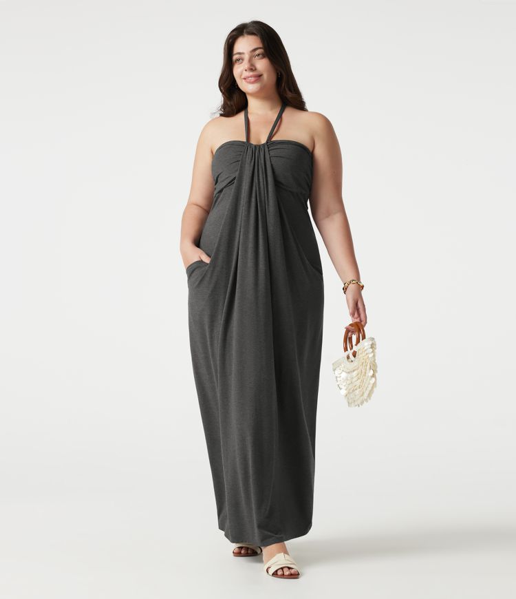 Plus Size Halter Tie Back Maxi Dress with Pockets Plus Size Halter Tie Back Maxi Dress with Pockets