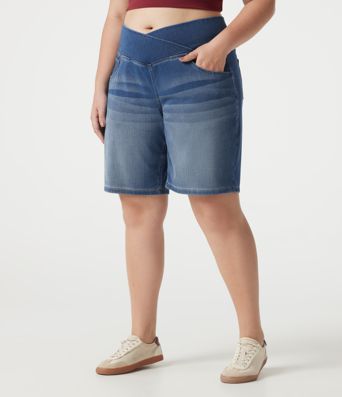 Halara Flex™ Denim Plus Size High Waisted Crossover Tummy Control Casual Baggy Shorts with Pockets