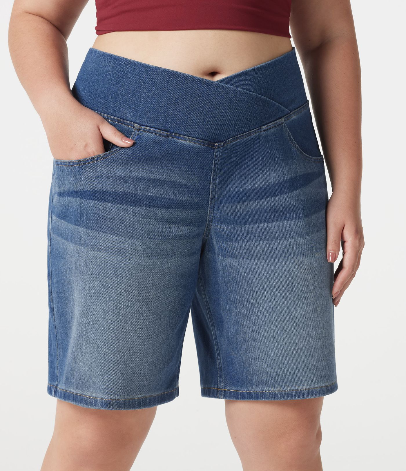 Halara Flex™ Denim Plus Size High Waisted Crossover Tummy Control Casual Baggy Shorts with Pockets