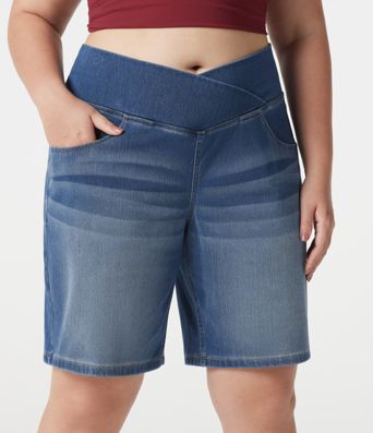 Halara Flex™ Denim Plus Size High Waisted Crossover Tummy Control Casual Baggy Shorts with Pockets