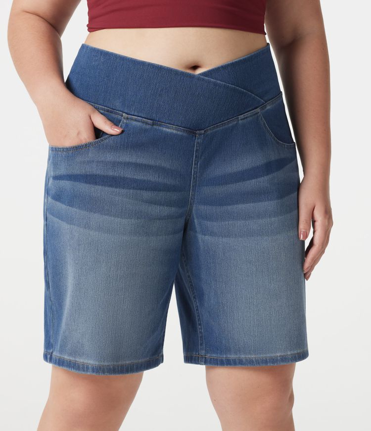 Halara Flex™ Denim Plus Size High Waisted Crossover Tummy Control Casual Baggy Shorts with Pockets