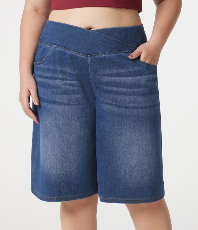Halara Flex™ shorts vaqueros para tallas grandes, cintura alta cruzada, control de abdomen, estilo casual holgado con bolsillos Halara Flex™ shorts vaqueros para tallas grandes, cintura alta cruzada, control de abdomen, estilo casual holgado con bolsillos