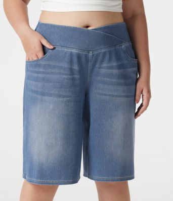 Halara Flex™ - Lässige Baggy-Shorts aus Denim mit hohem Crossover-Bund, mehreren Taschen und Bauchkontrolle - Plus-Size