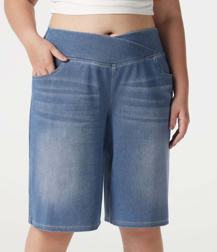 Halara Flex™ - Lässige Baggy-Shorts aus Denim mit hohem Crossover-Bund, mehreren Taschen und Bauchkontrolle - Plus-Size