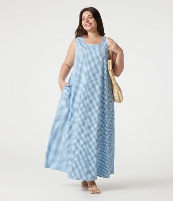 Plus Size Round Neck Sleeveless Midi Crinkle Gingham Casual Tank Dress with Pockets