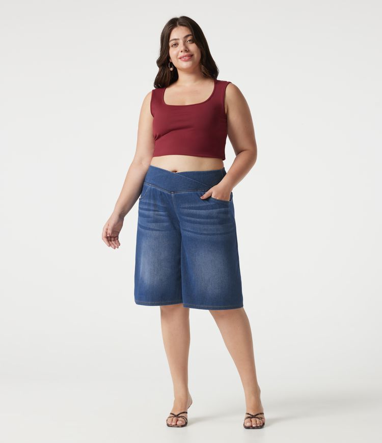 Halara Flex™ shorts vaqueros para tallas grandes, cintura alta cruzada, control de abdomen, estilo casual holgado con bolsillos Halara Flex™ shorts vaqueros para tallas grandes, cintura alta cruzada, control de abdomen, estilo casual holgado con bolsillos