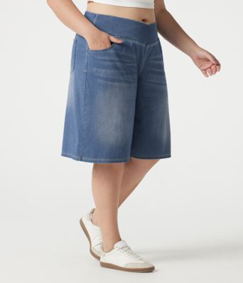 Halara Flex™ - Lässige Baggy-Shorts aus Denim mit hohem Crossover-Bund, mehreren Taschen und Bauchkontrolle - Plus-Size