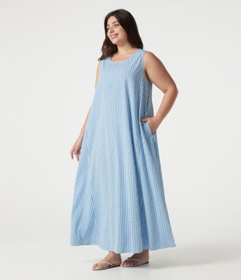 Plus Size Round Neck Sleeveless Midi Crinkle Gingham Casual Tank Dress with Pockets