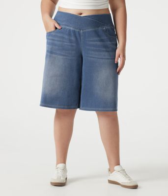 Halara Flex™ - Lässige Baggy-Shorts aus Denim mit hohem Crossover-Bund, mehreren Taschen und Bauchkontrolle - Plus-Size