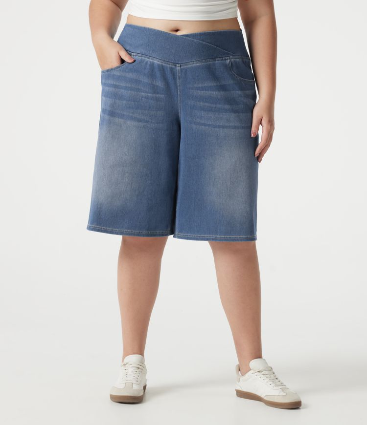 Halara Flex™ - Lässige Baggy-Shorts aus Denim mit hohem Crossover-Bund, mehreren Taschen und Bauchkontrolle - Plus-Size