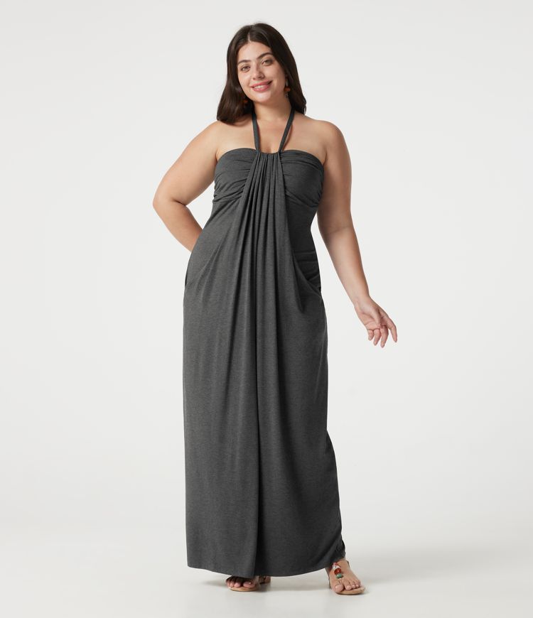 Maxikleid mit Neckholder, Seitentaschen, integriertem BH und Bindeband hinten - Plus-Size