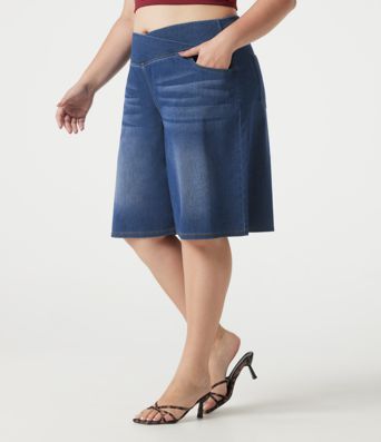 Halara Flex™ Denim Plus Size Crossover High Waisted Tummy Control Casual Baggy Shorts with Pockets Halara Flex™ Denim Plus Size Crossover High Waisted Tummy Control Casual Baggy Shorts with Pockets