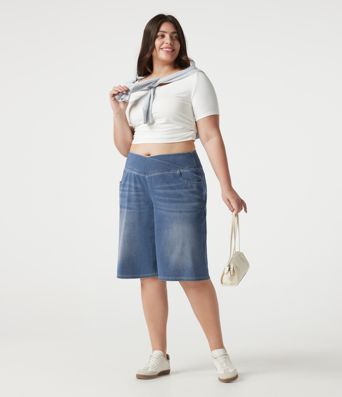 Halara Flex™ - Lässige Baggy-Shorts aus Denim mit hohem Crossover-Bund, mehreren Taschen und Bauchkontrolle - Plus-Size
