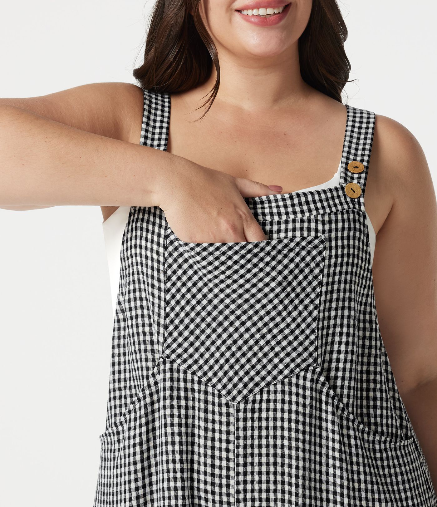 Lässige Latzhose in Leinenoptik mit mehreren Taschen und Karomuster - Plus-Size