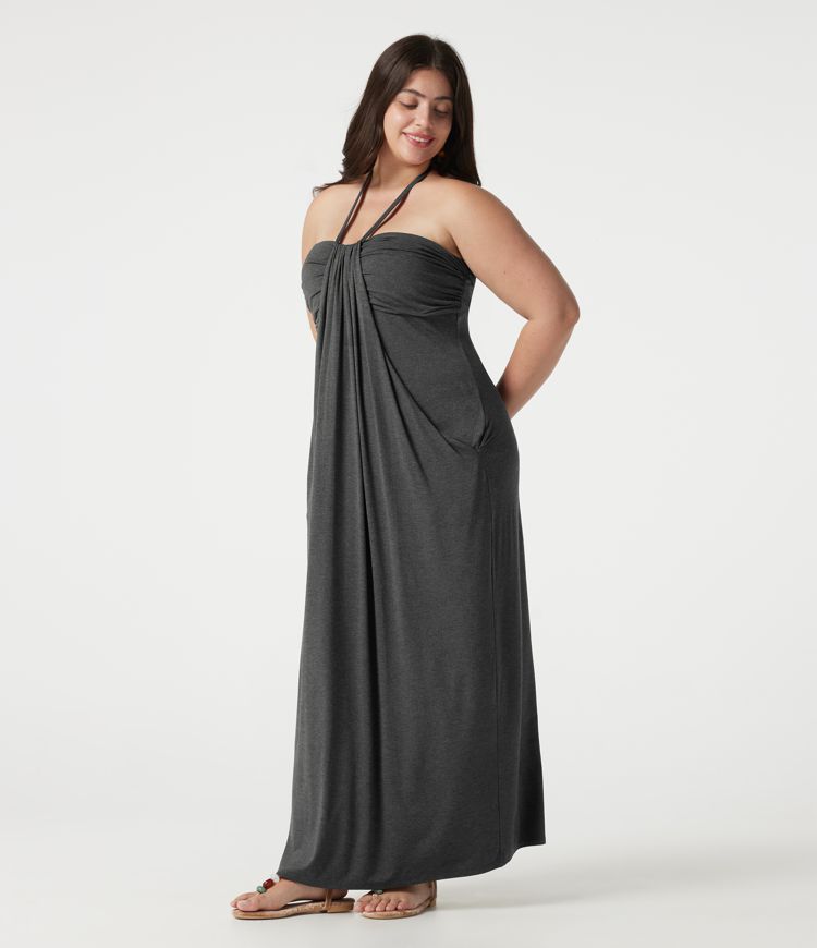 Maxikleid in großen Größen mit Neckholder (bindbarer Rücken), integriertem BH und Taschen