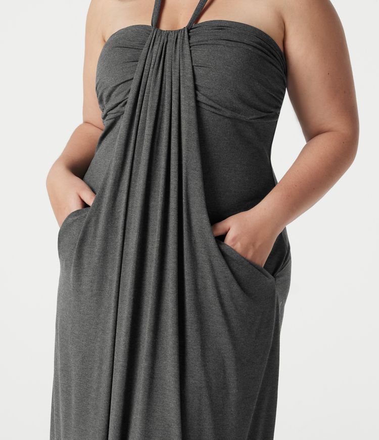 Maxikleid in großen Größen mit Neckholder (bindbarer Rücken), integriertem BH und Taschen