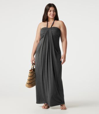 Maxikleid in großen Größen mit Neckholder (bindbarer Rücken), integriertem BH und Taschen