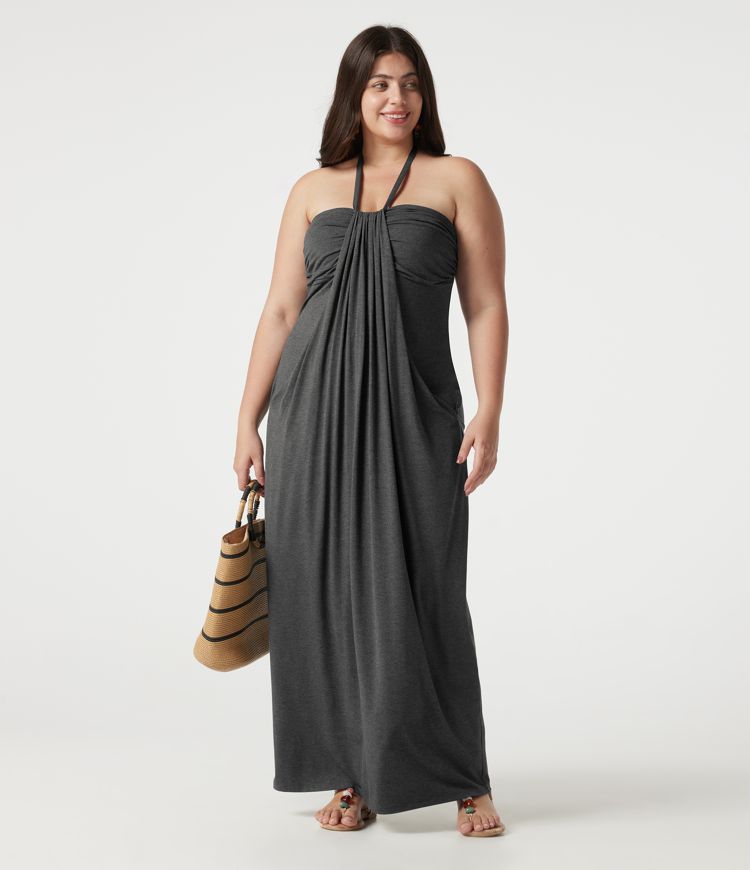 Maxikleid in großen Größen mit Neckholder (bindbarer Rücken), integriertem BH und Taschen