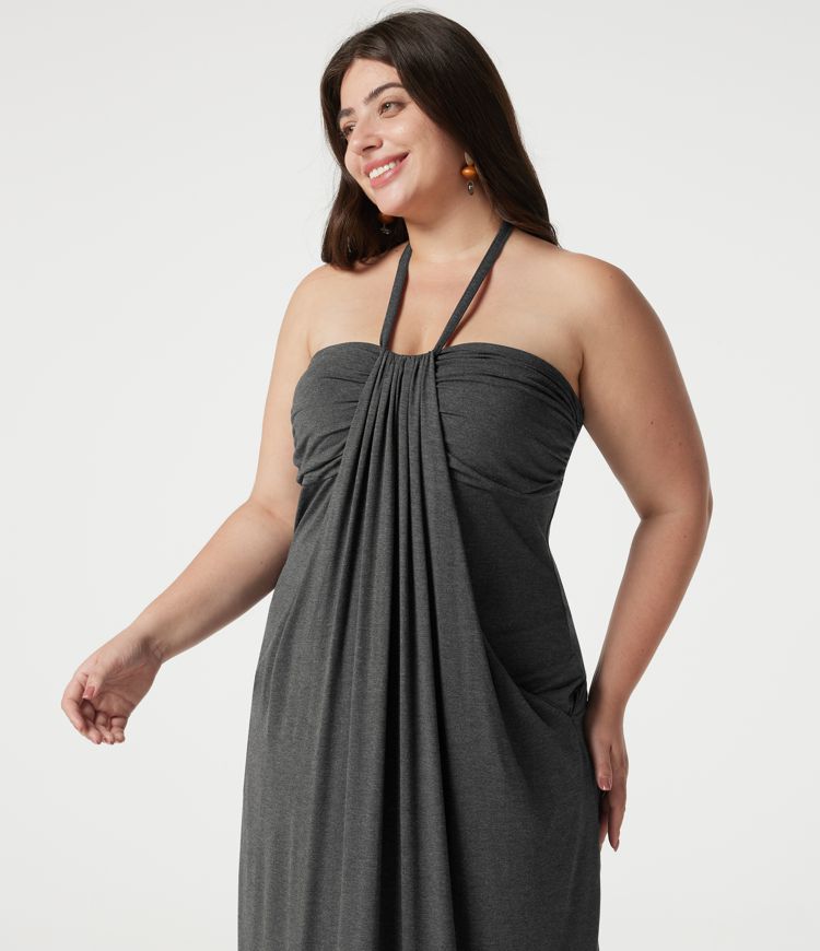 Maxikleid in großen Größen mit Neckholder (bindbarer Rücken), integriertem BH und Taschen