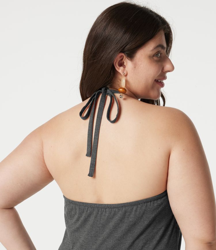 Maxikleid in großen Größen mit Neckholder (bindbarer Rücken), integriertem BH und Taschen
