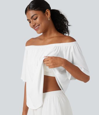 Off-shoulder Short Sleeve Split Curved Hem Built-in Bra Relaxed Casual T-Shirt