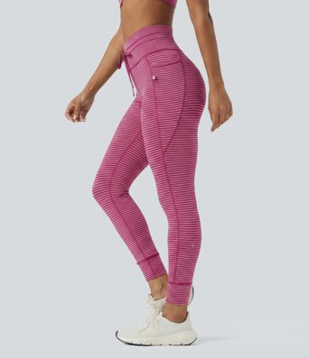 High Waisted Drawstring Striped Yoga Leggings with Pockets High Waisted Drawstring Striped Yoga Leggings with Pockets