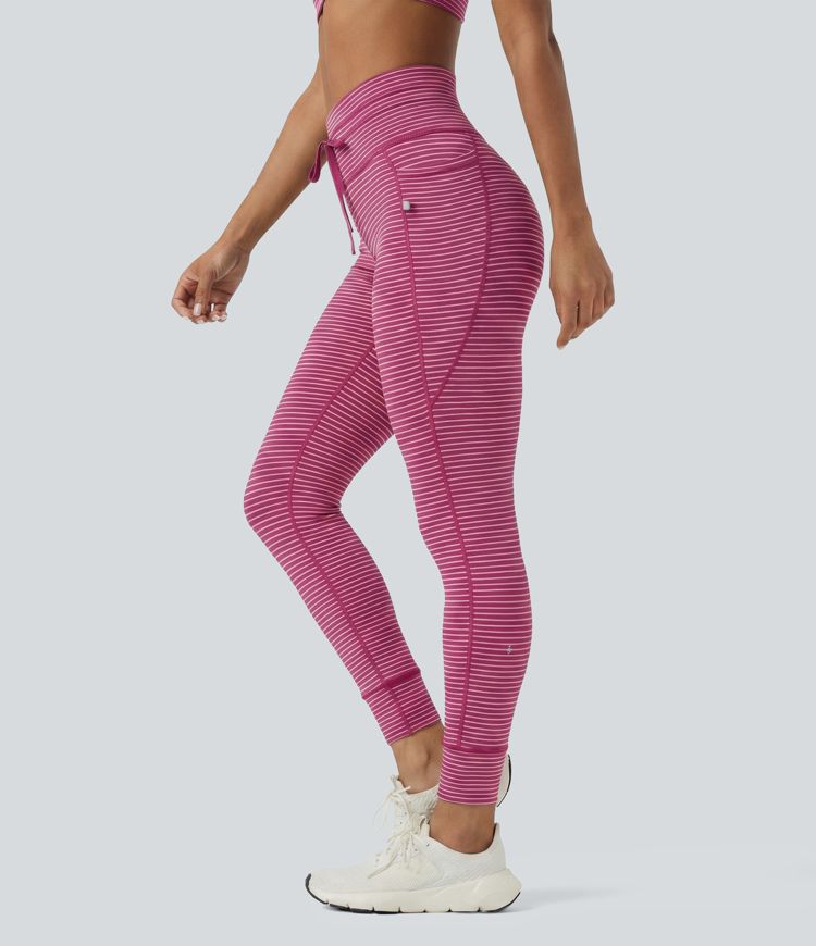 High Waisted Drawstring Striped Yoga Leggings with Pockets High Waisted Drawstring Striped Yoga Leggings with Pockets