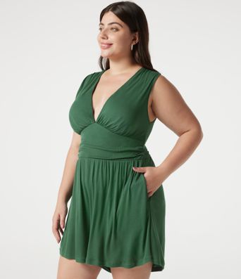 Combishort casual grande taille froncé côtelé sans manches à col V avec brassière intégrée et poches - Édition Easy Peasy Combishort casual grande taille froncé côtelé sans manches à col V avec brassière intégrée et poches - Édition Easy Peasy