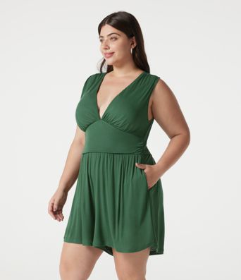 Combishort casual grande taille froncé côtelé sans manches à col V avec brassière intégrée et poches - Édition Easy Peasy Combishort casual grande taille froncé côtelé sans manches à col V avec brassière intégrée et poches - Édition Easy Peasy