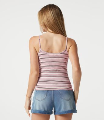 Ribbed Knit Stripes U-Neck Adjustable Straps Built-in Bra Casual Cami Top