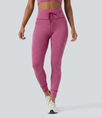 High Waisted Drawstring Striped Yoga Leggings with Pockets High Waisted Drawstring Striped Yoga Leggings with Pockets