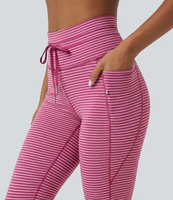 High Waisted Drawstring Striped Yoga Leggings with Pockets High Waisted Drawstring Striped Yoga Leggings with Pockets