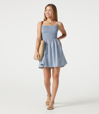 Adjustable Straps Shirred Longer Mini Casual Slip Dress