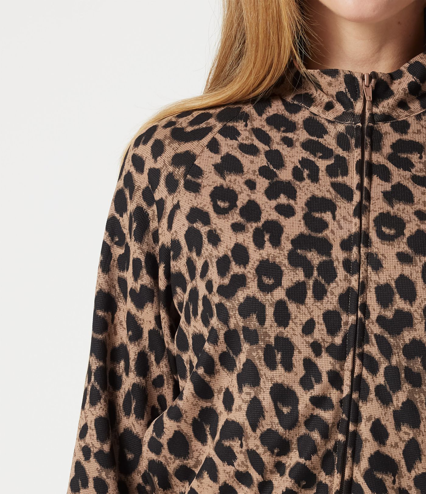 Stand Collar Zipper Long Sleeve Color Block Leopard Print Waffle Casual Jacket with Pockets Stand Collar Zipper Long Sleeve Color Block Leopard Print Waffle Casual Jacket with Pockets