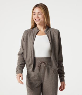 Ribbed Stand Collar Zipper Long Sleeve Color Block Casual Jacket with Pockets Ribbed Stand Collar Zipper Long Sleeve Color Block Casual Jacket with Pockets